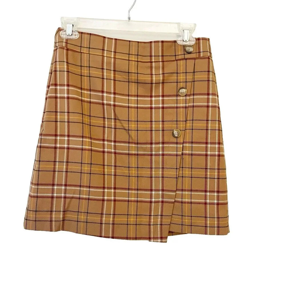 Loft Plaid Mini Skirt Womens 0P Petite Academia Brown Faux Wrap Preppy Old Money